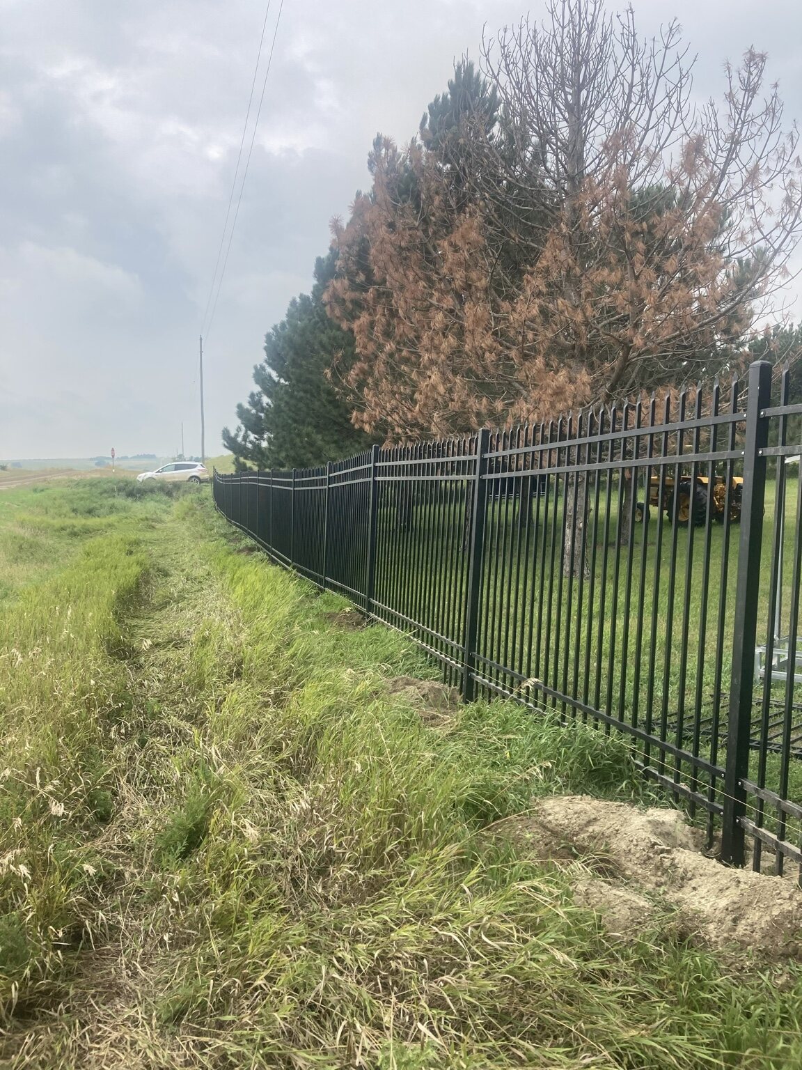 Black decorative steel fencing along a cemetery boundary
