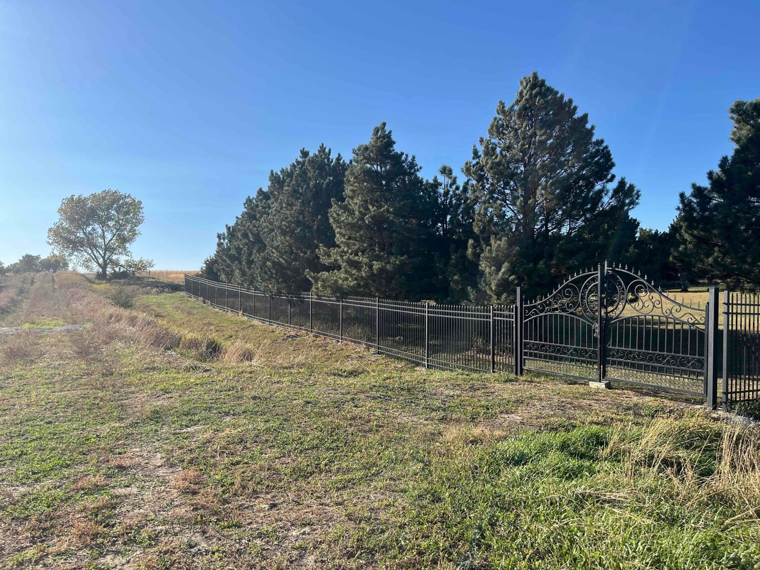 Long black decorative steel fence following the boundary of a rural cemetery property