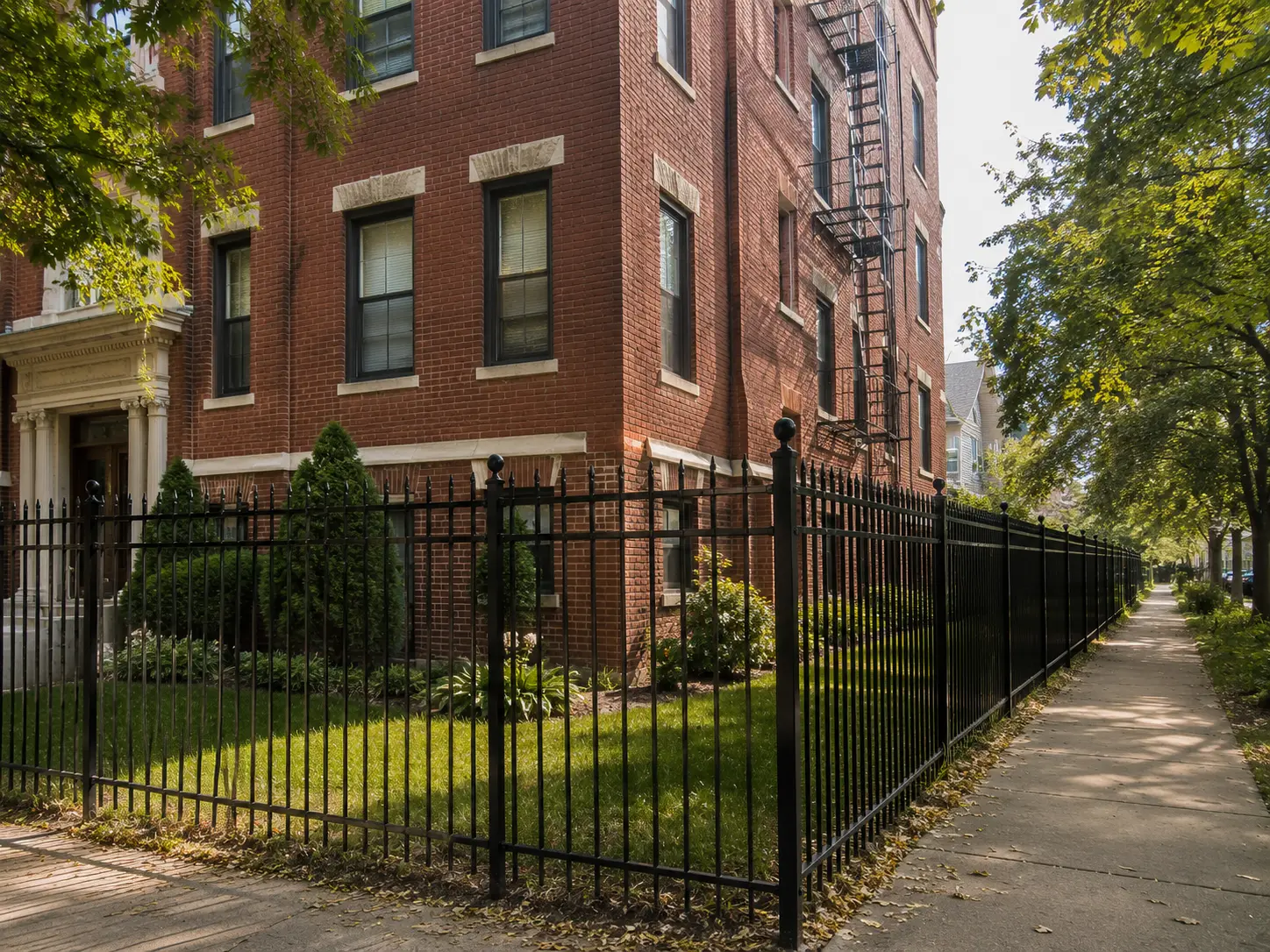 Representative historic brick residence with black decorative steel fence