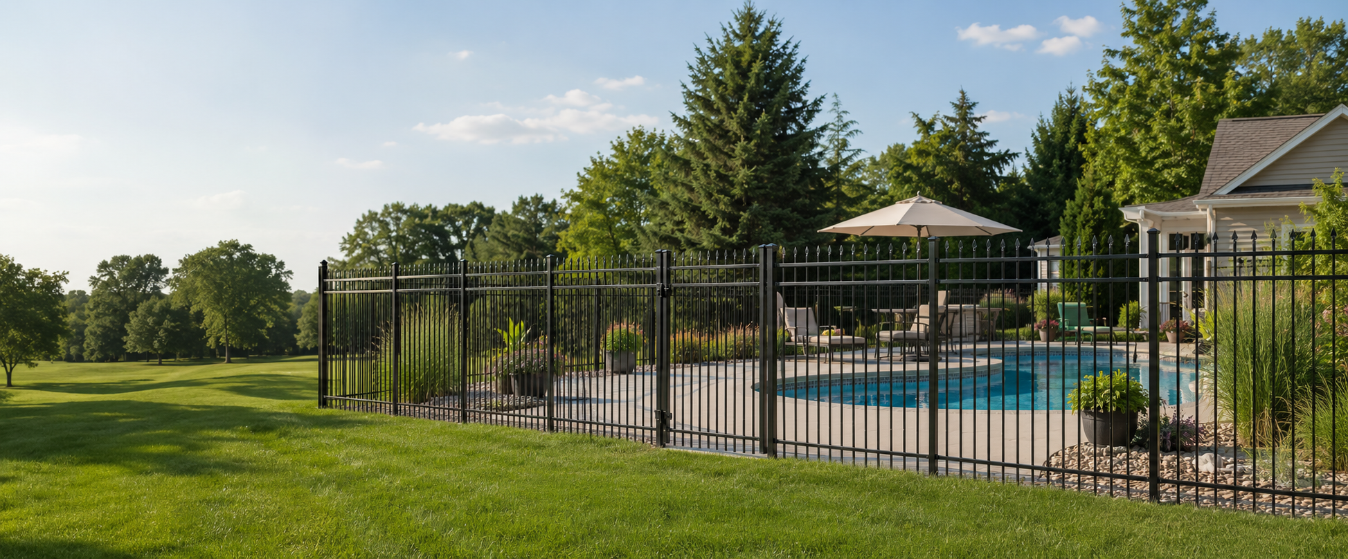 Representative Pool Fence with black decorative steel fence